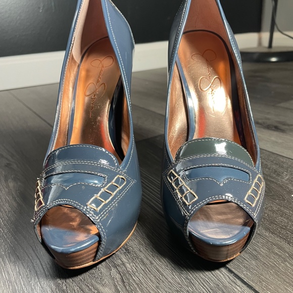 JESSICA SIMPSON BLUE JEAN PATENT OPEN TOE HEEL - Picture 3 of 5